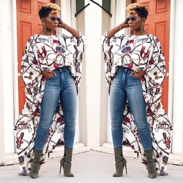 Stylish Printing Loose Sleeves Irregular Long Top BN9179