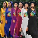 Leisure Lip Printing Long Sleeves Hooded Split Dress ALS130