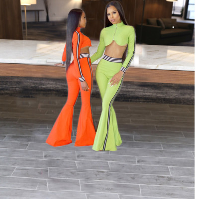 Up-To-Date Stripe Patchwork Suits Sexy Crop Top Flared Pants N9049