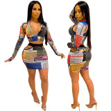 Fashion Sexy Newspaper Letter Print Cutout Irregular Long Sleeve Skirt Set ML7263