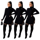 Woman's Clothing Slim Bodycon Long Sleeved Split Black Dress SDD9211