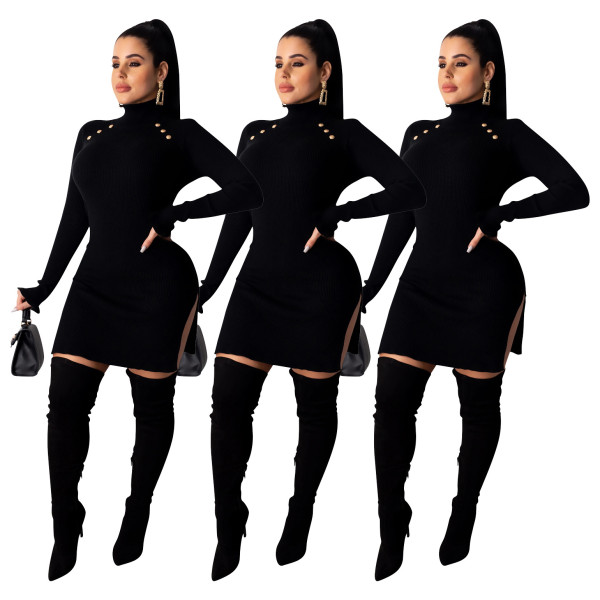 Woman's Clothing Slim Bodycon Long Sleeved Split Black Dress SDD9211