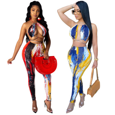 Sexy fashion tie-dye wrapped chest lace trousers two piece set YZ1203