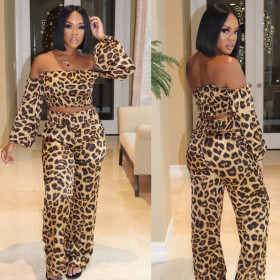Sexy Leopard Printed Off Shoulder Long Sleeves Mini Top With Trousers Two Piece Set BN108