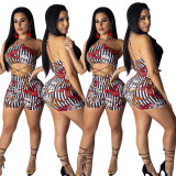Factory Price Women Summer Printing Bandage Shorts Suits SMD7005