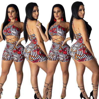 Factory Price Women Summer Printing Bandage Shorts Suits SMD7005