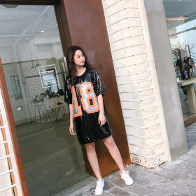 Oversize Bling Bling Sequined T Shirt Dress TYG034