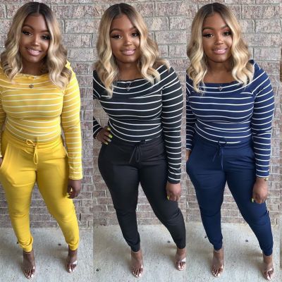 Female Comfy Long Sleeves Stripes Print Top Solid Pants Set OEP6087