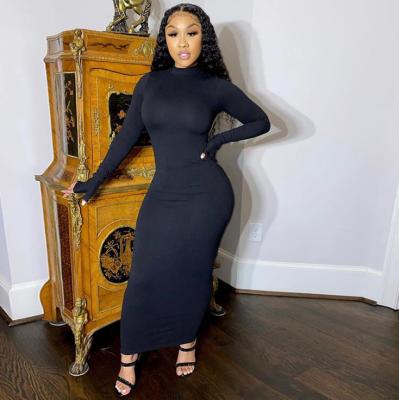 Pure color high neck, long sleeves, big open back, fashion and elegant long dress A20435D