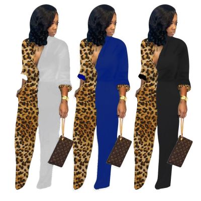 Office Ladies Leopard Printing Patchwork Long Jumpsuit F8232