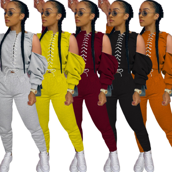 Fashion Striped Solid Color Round Neck Long Sleeves Top With Trousers Two Piece Set TY1873