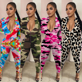 Camouflage Leopard Print Long Sleeve Finger Zipper Jumpsuit MA6593