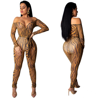 Newest Tight Leopard Print Strapless Mesh Jumpsuit LA3079