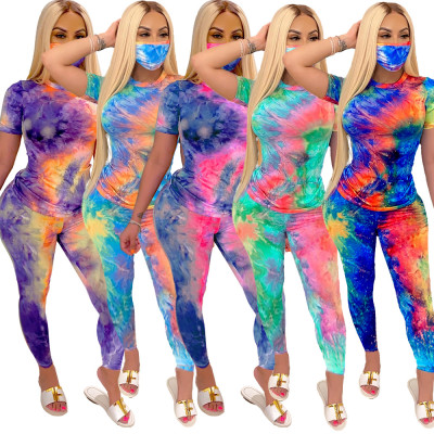 Casual Coloring Printed Round Neck Short Sleeves T-Shirt With Trousers Two Piece Set (Including Mask
