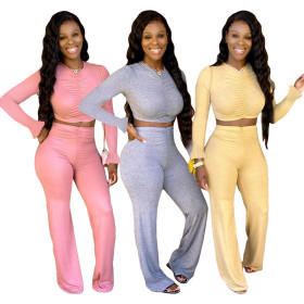 Sexy Solid Color V-Neck Long Sleeves Pleated Mini Top With Straight Trousers Two Piece Set MY9706