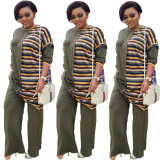 Unique Suits Stripe Patchwork Top Solid Straight Pants OMY5057