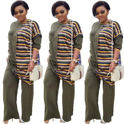 Unique Suits Stripe Patchwork Top Solid Straight Pants OMY5057
