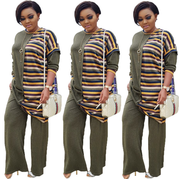 Unique Suits Stripe Patchwork Top Solid Straight Pants OMY5057