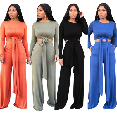 Solid Color Casual Outfits Long Sleeves Tied Top Wide Leg Pants TRS975