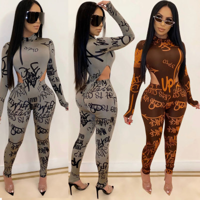 Women Letters Printing Sets Long Sleeve Bodysuit Pencil Pants CY1205