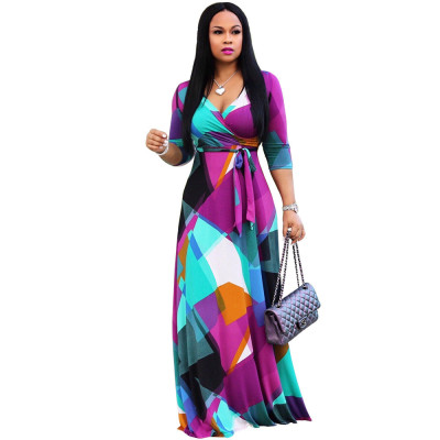 Leisure V Neck Color Block Maxi Dress For Women NS4085