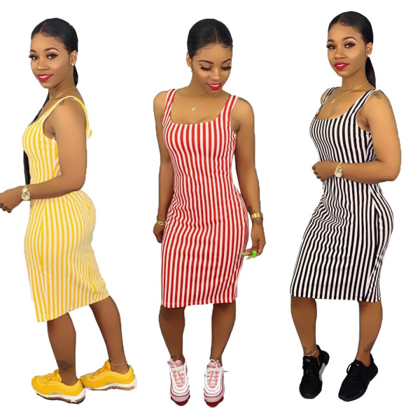 Leisure Striped Women Slim Bodycon Strappy Dress ARM8068