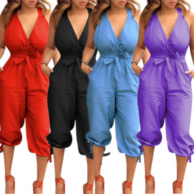 Wholesale Bandage Pure Color V Neck 3/4 Jumpsuit YMT6066
