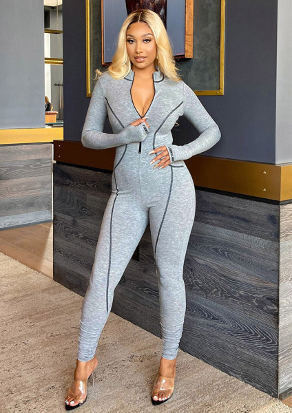 Letter embroidery LUCKYLABEL skinny jumpsuit stitching long-sleeved jumpsuit FF1046