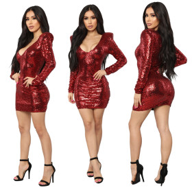 Red Sequins Long Sleeves Bodycon Mini Club Dress JLX8586