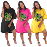 Fashion casual solid color cartoon printed sleeve dress SDD9230