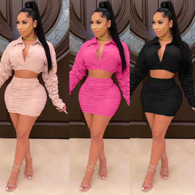 Sexy Solid Color V-Neck Long Sleeves Mini Top With Mini Skirt Two Piece Set HM6341