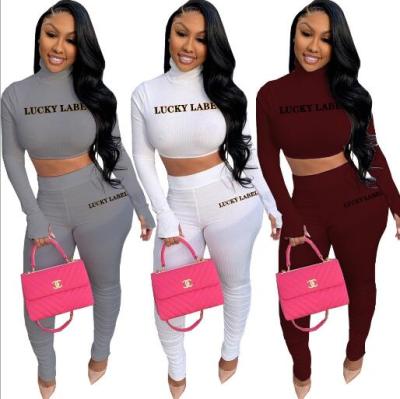 Fashion Lucky Label Embroidery High Collar Long Sleeves Crop Top With Pleated Trousers Two Piece Set