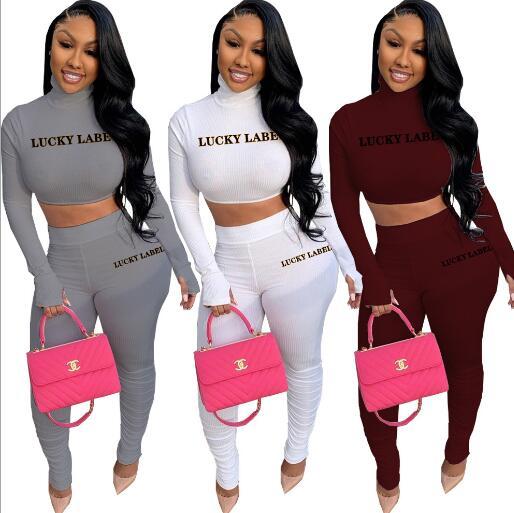Fashion Lucky Label Embroidery High Collar Long Sleeves Crop Top With Pleated Trousers Two Piece Set