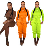 High Neck Top Elastic Waist Pants Plain Color Cheap Sets ED8160