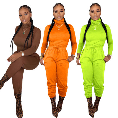 High Neck Top Elastic Waist Pants Plain Color Cheap Sets ED8160