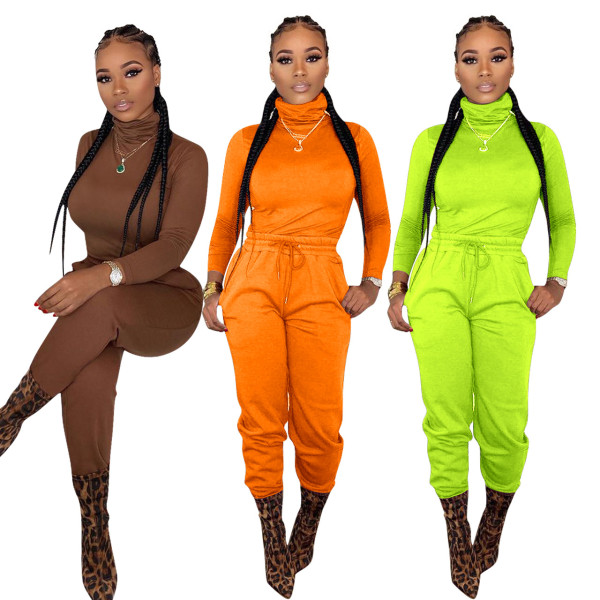 High Neck Top Elastic Waist Pants Plain Color Cheap Sets ED8160