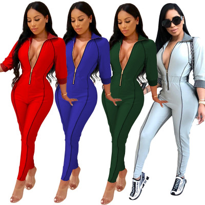 Fashion Stripe Splicing Long Sleeve Jumpsuit With Zipper A8277