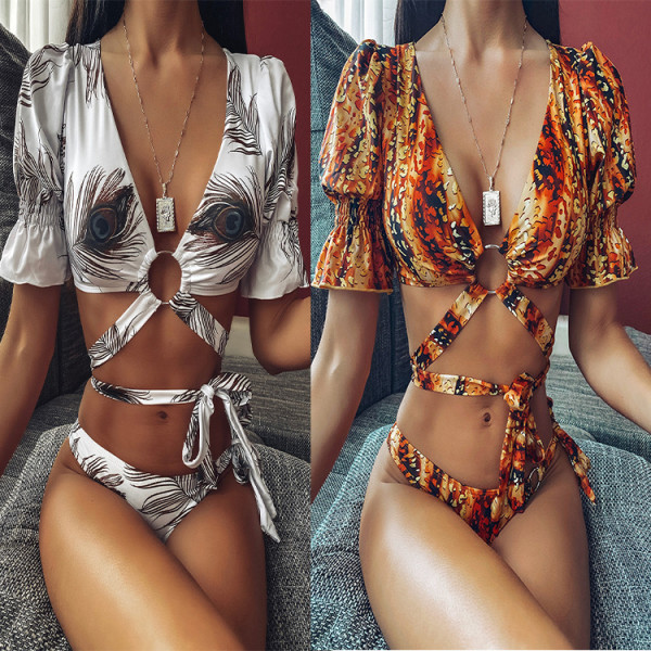 Swimsuit women's short-sleeved leopard print bikini CSB88W