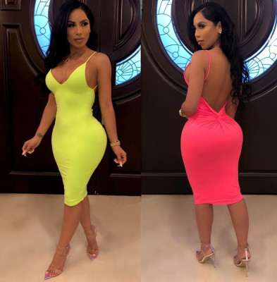Factory Price Solid Color Backless Condole Belt Knee Length Dress AL028
