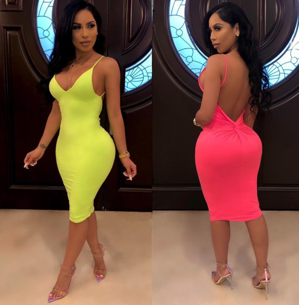 Factory Price Solid Color Backless Condole Belt Knee Length Dress AL028