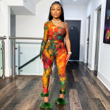 Fashion Tie Dye Snake Printed One Shoulder Long Sleeves Top With Trousers Two Piece Set S082748W