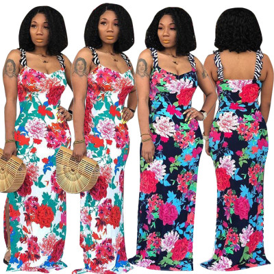 Holiday Ladies Floral Printing Condole Belt Maxi Dress TRS922