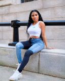 Personality contrast stitching denim trousers D8379