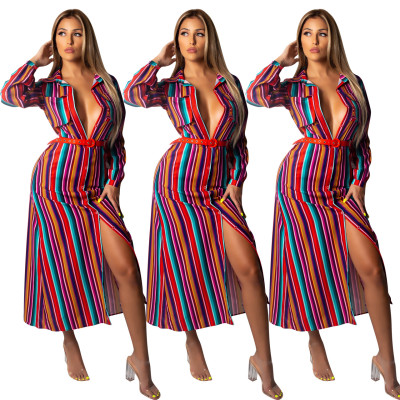 Latest Casual Colorful Stripe Button Down Long Dress ED8043
