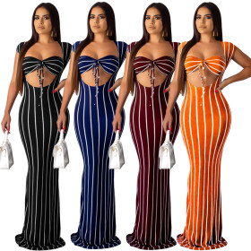 Slim Bodycon Stripe Outfits Sexy Bra Top Maxi Dress GL6177