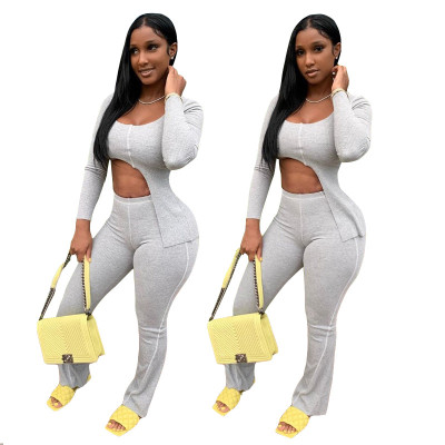 Sexy Solid Color U-Neck Long Sleeves Irregular Top With Flared Trousers Two Piece Set MY9721