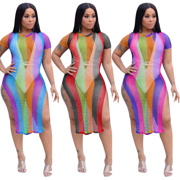 Sexy Women Colorful Mesh Short Sleeves Split Dress ALS095