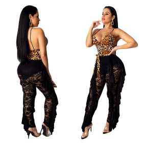 Cut Out Sexy Suspender V-neck Leopard Print Lace Splicing Jumpsuit SN3693