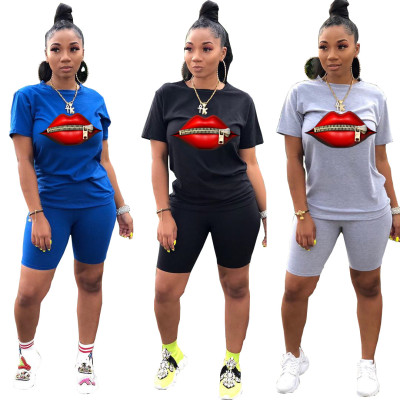 Solid color zipper character lips two-piece set HG5308