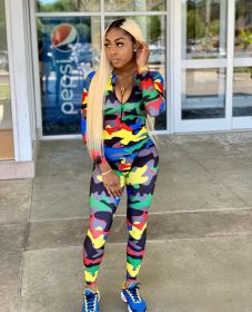 Fashion casual camouflage open collar jumpsuit DM8068